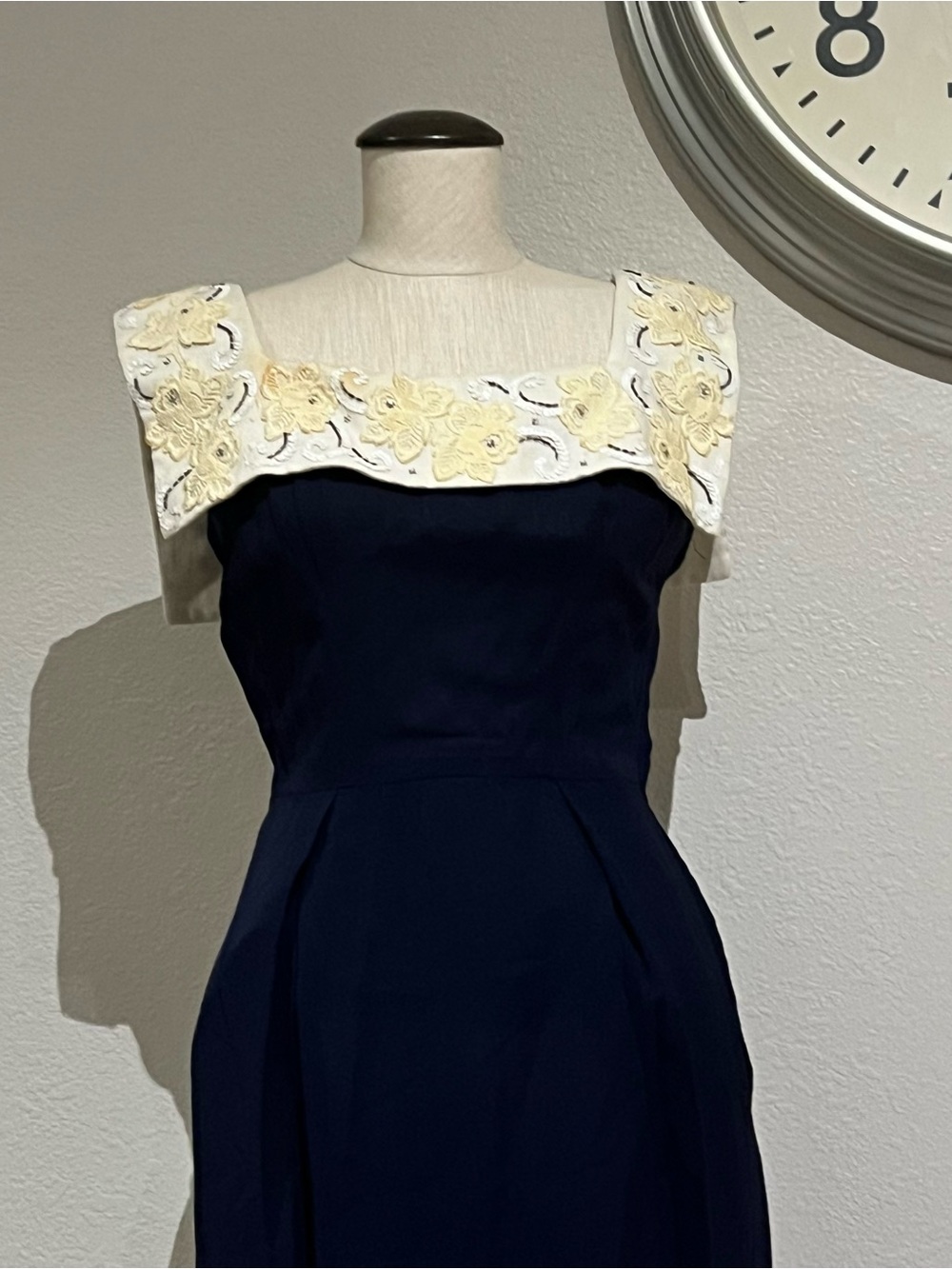 Vintage Navy Midi Dress with Ivory Embroidered Yoke - Picture 2 of 5